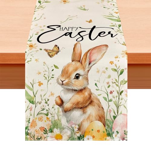 Tischläufer Ostern (33x183 cm) – Osterdeko Tisch mit Hase & Eier Motiv – Ostertischläufer Frühling für Esszimmer & Küche – Moderne Osterdekoration & Ostern Tischdeko