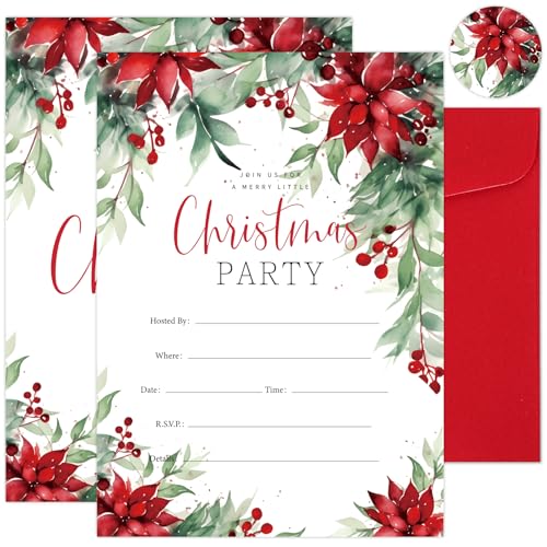 JarThenaAMCS 25 Pack Christmas Party Invitations Christmas Poinsettia Flower Invitation Paper Cards Xmas Winter Holiday Party Invites with Envelopes Stickers for Christmas Party