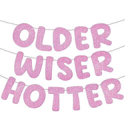 Image of Fulmoon Set of 3 Pre Strung Older Wiser Hotter Glitter Banner Funny Birthday Banner for Women 30th 40th 50th 60th 70th 80th Birthday Party Decorations Sign Gift(Pink)