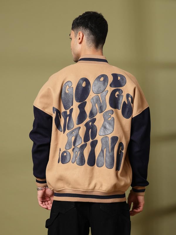 Image of CHKOKKO Men's Oversized Varsity Jacket with Snap Button Closure and Patch Design Trendy Comfortable Outerwear for College Travel and Casual Wear