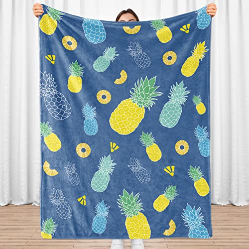 Sowide Pineapple Blanket, Blue and Yellow Throw Blanket for Tropical Fruit Lovers Soft Flannel Blanket