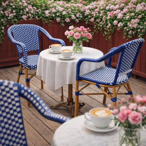 Image of PURPLE LEAF Outdoor French Bistro Arm Chairs Set of 2, Bamboo Finish, Blue