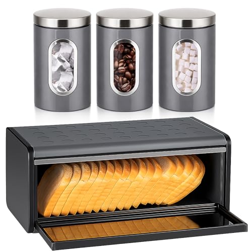 Innoteck Grey Breadbin and Window Canister Set - Stylish Metal Storage Solutions with Spacious Storage and Freshness Preservation - Set of 4 Includes Breadbin and 3 Canisters
