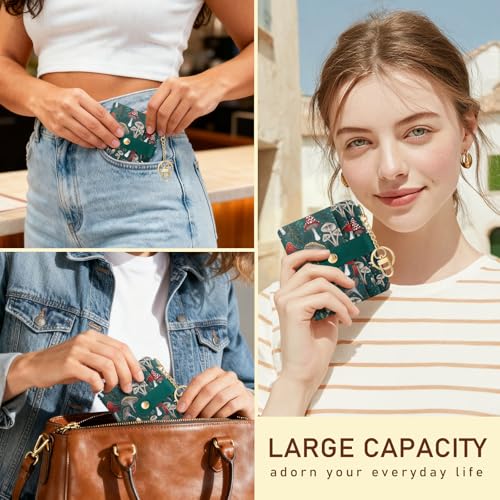 Image of Jogjam Mushroom Green Rfid Ladies Wallet, Small Slim Thin Compact Credit Card Women Wallet, PU Leather Bifold Cash Zipper Coin Pocket ID Window for Female