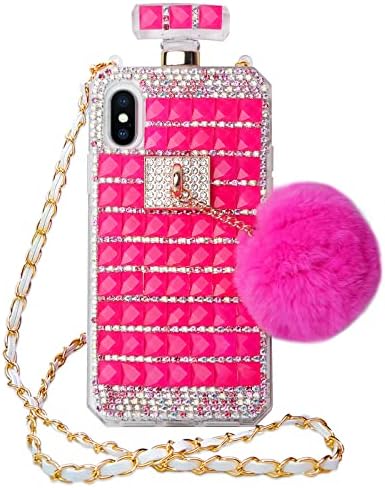 Losin Perfume Case Compatible with iPhone XR Luxury Bling Diamond Rhinestone Bow Perfume Bottle Furry Plush Ball Bling Glitter Gemstone Soft TPU Back Case with Lanyard
