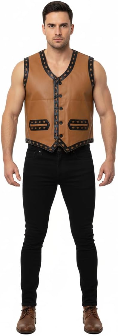 My Party Shirt Coney Island Gang Faux Leather Vest - 70s Movie Gift Biker Jacket Sleeveless Coat Costume Street Wear - Brown
