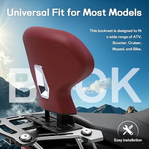 Image of Mokuo C-Shape Motorcycle Backrest - Universal Easy-Mount Base, Comfortable Body-Hugging Support with PU Foam, Fits ATV Scooter Cruiser Moped & Bike Luxury burgundy - Red