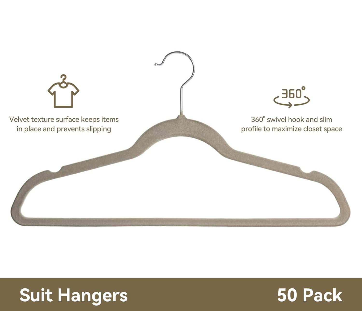 Softflame Premium Velvet Hangers 50 Pack, Non-Slip Suit Clothes Hangers, 360 Degree Swivel Hooks and Slim Profile to Maximize Closet Space Grey/Silver