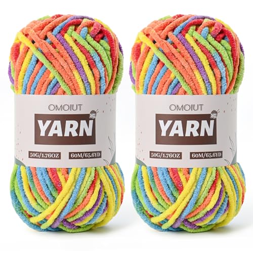 Image of 2 Packs Plush Chenille Chunky Crochet Yarn - Baby Yarn for Crocheting Soft - Velvet Yarns Knitting for Blankets Crafts - Fluffy Amigurumi Yarns 100g /131yds (2 Rainbow)