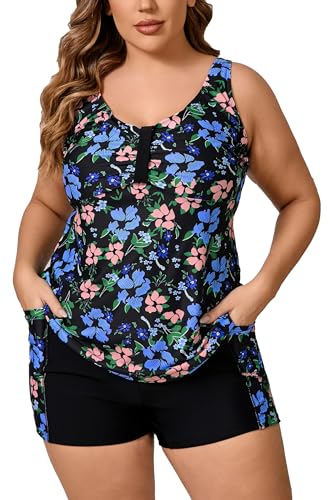 Halcurt Women's Plus Size Two Piece Bathing Suits Tankini Set with Shorts Pocket Tummy Control Swimsuit