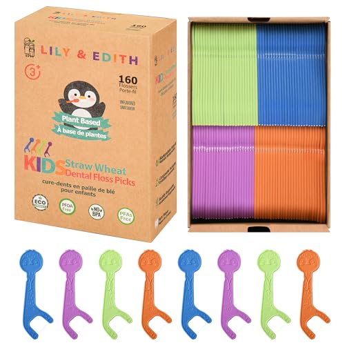 LILY & EDITH Straw Wheat Kids Flossers 160ct, Plant Based Dental Floss Picks for Children, Fluoride & Chemical Free(PFA Free), Penguin Flossing Sticks for Toddler, Paper Package, Unflavored