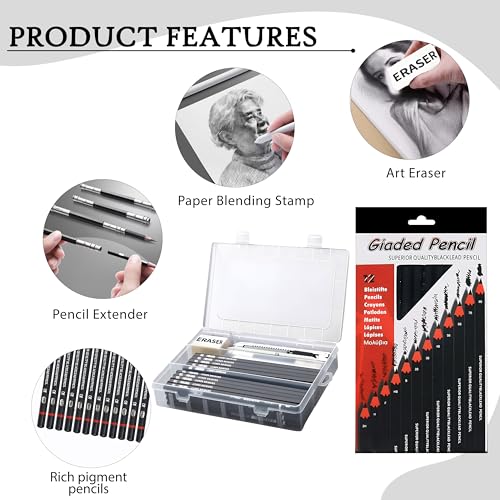 Image of DaKos Professional Sketching Pencil Set for Artists - Complete Drawing Kit with Graphite Pencils Set & Carry Box, Art Supplies for Shading & Sketching with Pencil Set in Cardboard Box (34 Pcs)