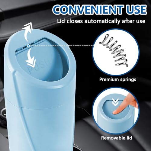 Image of Hovom Mini Car Trash Can with Lid, Portable Garbage Can for Car, Leakproof Cup Holder Automotive Garbage Bin with 2 Rolls of Trash Bags, Small Trash Storage Can for Car Home Office(Light Blue)