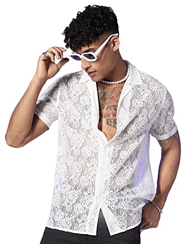 WDIRARA Men's Floral Lace See Through Button Front Short Sleeve Shirt Summer Tee Top