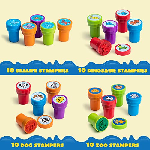 Image of JOYIN 100PCS Assorted Stamps for Kids Self-Ink for Party Favor, Teacher Stamps, Kids Treasure Box, Prize for Classroom, Birthday School Stuffers (50 Designs, Dinosaur, Halloween Stampers)