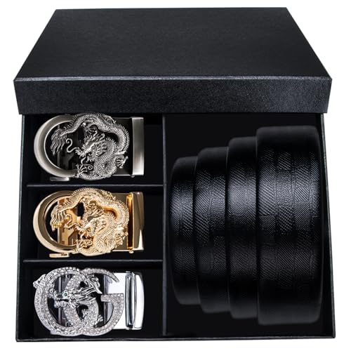 Image of Barry.Wang Ratchet Belt 3 Buckles Gift Set Mens Belts Grain Leather Automatic Buckle 1 3 /8 inch Father's Day Business Wedding