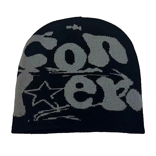 MONOJLY Y2K Hip-Hop Unisex Beanie Hut Herren und Damen Herbst und Winter Harajuku Stil Foto Requisiten Vielseitig Halloween Flauschige Mütze, Schwarz , 6 3/4-7 3/8