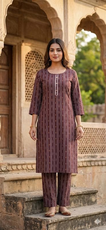 Image of Women Cotton Blend Kurti Pant Set for Women Ethnic Printed Straight Kurta with Pants Co Ord Set Casual Office Wear Traditional Kurta Set Blue 3 /4 Sleeve Round Neck