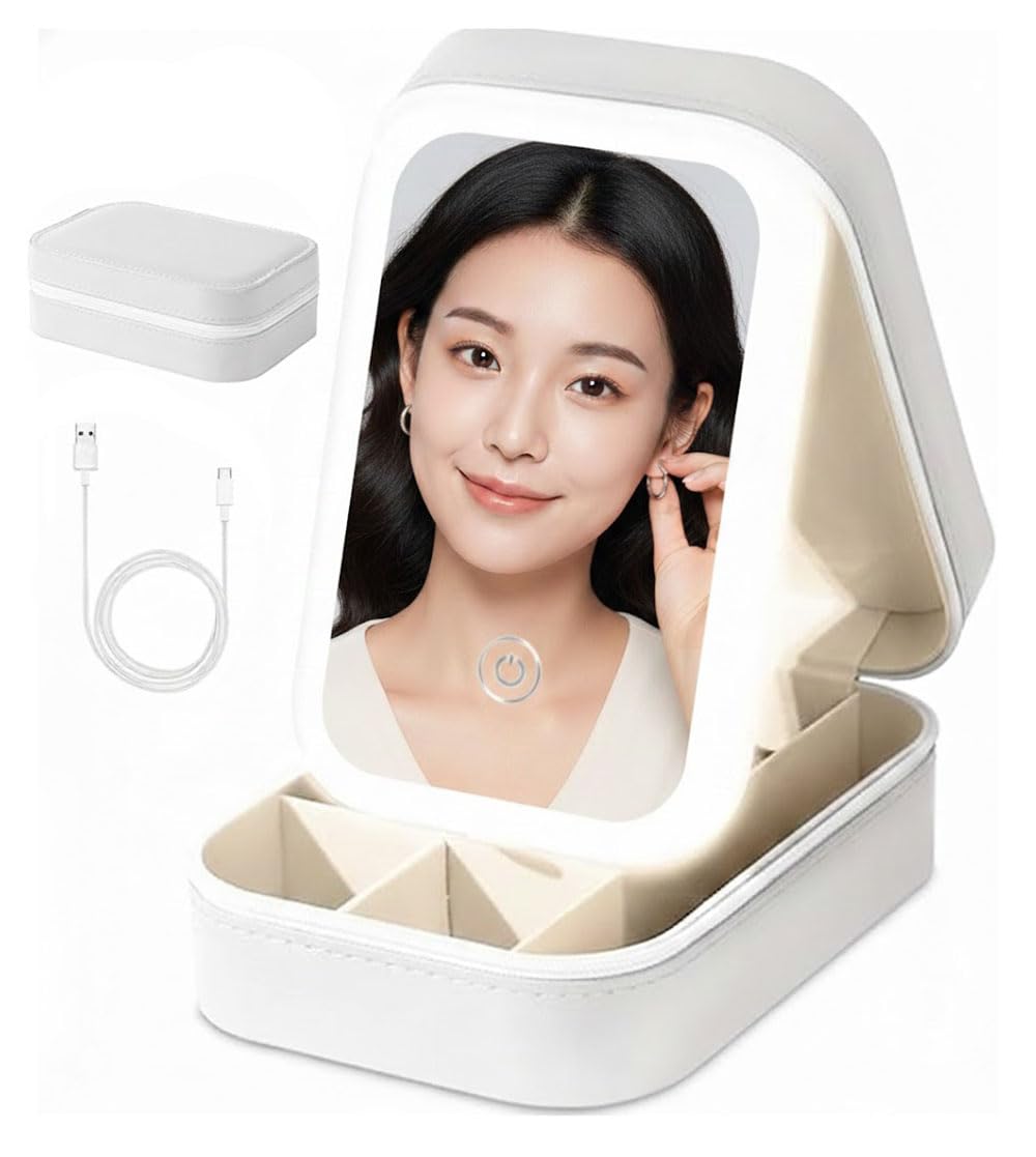 INOVERA (LABEL) Makeup Organizer Bag for Women & Girls - Stylish Compact Faux Leather Vanity Box - Travel Cosmetic Organiser Case with LED Mirror (White)