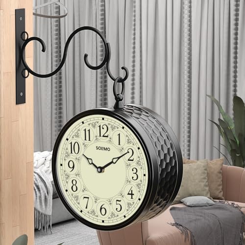 Image of Amazon Brand - Solimo Double Sided Vintage Station Wall Clock, one Side Roman and Other Side Numeral dial (8 Inches, Black) Metal, Analog