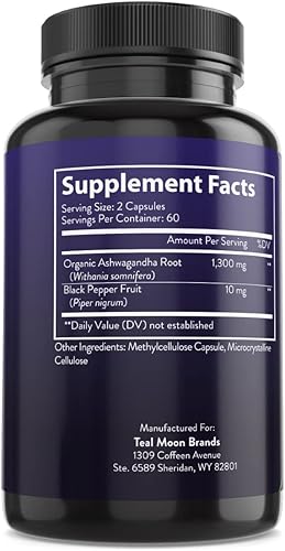 Miniatura 2 de Nature's Finesse Ashwagandha orgánica con suplemento vegano de pimienta negra - 120 cápsulas para hombres y mujeres | Mezcla premium para aliviar el