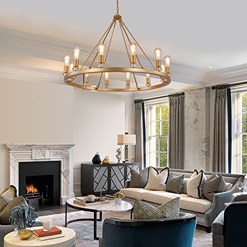 Meixisue Large Modern Wagon Wheel Chandelier Gold Metal Round Luxury Industrial Country Chandelier Light Fixture For Dining Room Living Room Foyer Entryway W40.55 12-Lights Ul Listed #TOP2