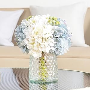 Wracra Hydrangeas Floral Arrangement in Glass Vase Fake Flowers Silk Hydrangea Artificial Flowers with Vase for Home Office Decoration Dining Table Centerpiece