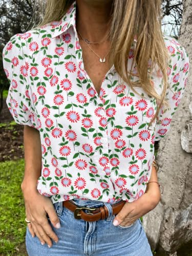Image of Tankaneo Womens Button Down Shirts Puff Sleeve Tops Summer Cotton Blouses | Loose Fit, Boxy, Dressy Casual, Collared, Short Sleeve, Solid Color, Striped, Plaid, Polka Dots