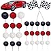 30PCS Race Car Cake Toppers Checkered Flag Race Car Birthday Decoration with Red Black White Balls Race Car Checkered Flag for Race Car Themed Birthday Party(Red)