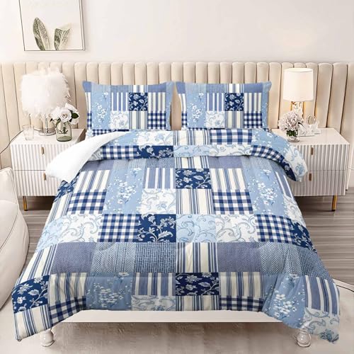 Image of AILONEN Blue Patchwork Comforter Set Queen Size, Plaid Floral Striped Bedding with 2 Pillowcases for Room,3Pcs