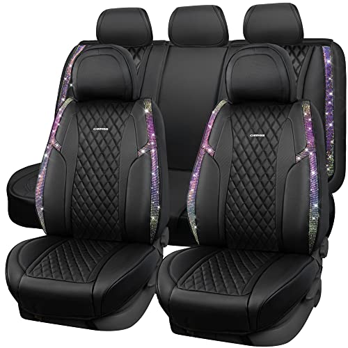 Car Pass Iridescent Diamond &Nappa Calfskin Leather Cushioned,Bling Seat Covers,Waterproof Heavy-Duty Anti-Slip,Universal Fit For Auto Suv Sedan,Sparkly Glitter Shining Rhinestone Full Set, Multicolor #TOP16