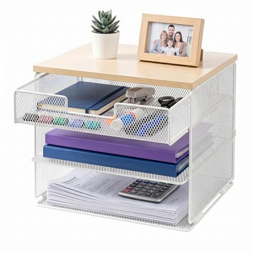 4-Tier Mesh Desk Organizer and Accessories with Drawer Wooden Top Desktop Organizers Letter Tray Paper Organizer File Holder for Home Office School White