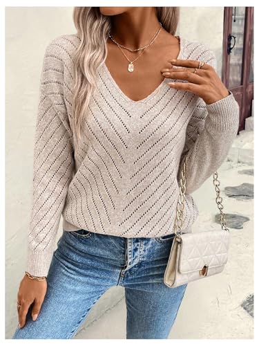 Women's Hollow Out Pullover Sweaters Vintage Lightweight V Neck Long Sleeve Oversize Knit Tops3