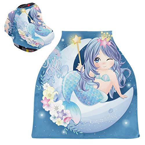 青いかわいい人魚の月ベビーカーシートカバーキャノピー伸縮性看護カバー幼児用母乳の男の子の女の子のための通気性防風冬のスカーフ
