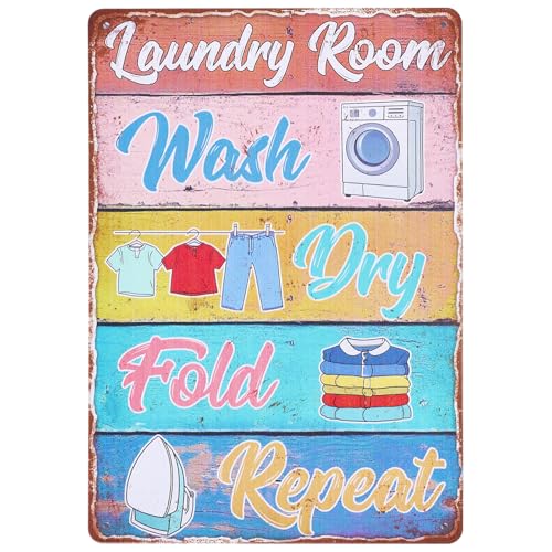 GLOBLELAND Metallschild Mit Den Regeln Für Die Waschküche Im Vintage Stil 12x830x20cm Mit Der Aufschrift „Laundry Room Wash Dry Fold Repeat“ Kunstplakette Poster Wanddekoration Für Waschküche