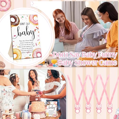 Image of Wesiti 51 Pcs Cool Baby Shower Game Wooden Sign Gift Sets 50 Baby Shower Pacifiers Necklace Acrylic Pacifier for Gender Reveal Party Favor(Donut,Pink)