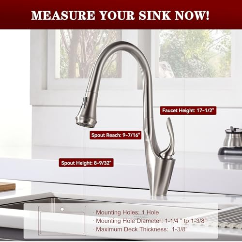 Image of sumerain Brushed Nickel Single Handle Pull Out Kitchen Faucet, Stainless Steel 1 Hole Kitchen Sink Faucet with Pull Down Sprayer