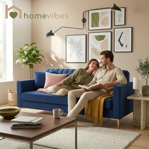 Image of Velum 3 Seater Sofa for Living Room & Office | Premium Fabric Upholstery | Solid Wood Frame | Comfortable Seating | 3 Years Warranty (Blue, 3 Seater Sofa)