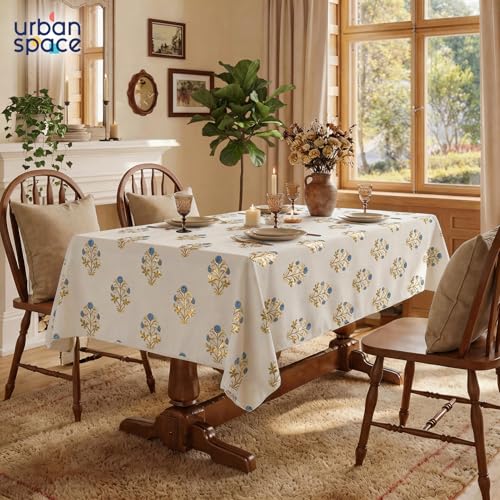 Image of Urban Space 100% Cotton Dining Table Cover for 6 Seater, Gold Foil Printed Cotton Table Cloth for Center Table, Dining Room Table Cover (Size 48 inch x 92 inch - 6 Seater, Zari Blue Gold)