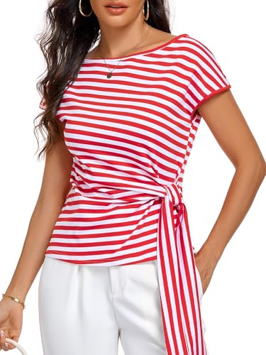 Image of HOTIAN Womens Cap Sleeve T Shirts 2026 Tie Waist Wrap Tops Crew Neck Blouses Dressy Casual Loose Work Business Dressy
