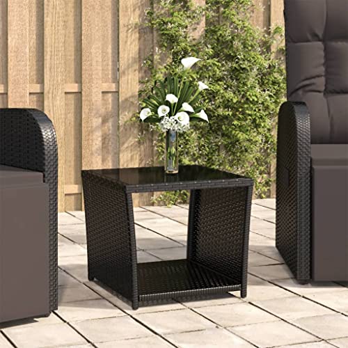 WRJENFSC Patio End Tables Couchtisch für draußen Snack-Tisch für den Garten Beistelltisch mit Glasplatte Schwarz Poly Rattan & Hartglas Geeignet für Terrasse, Hinterhof, Rasen, Pool, Party, Balkon