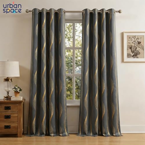 Image of Urban Space 80-85% True Blackout Curtains for Door, Gold Foil Printed Blackout Curtains, Decorative Door Curtain Eyelet with Tieback, 1 Piece Curtain for Living Room(Double Wave Stone Grey, 8 Feet)