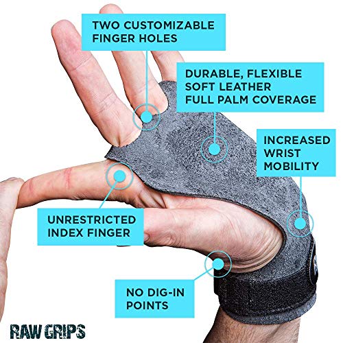 JerkFit RAW Grips 2 Finger Leather Hand Grips for Weightlifting, Calisthenics, Pull Ups, WODs, Gymnastics, and Cross Training, with Full Palm Protection to Prevent Rips & Blisters (Large)