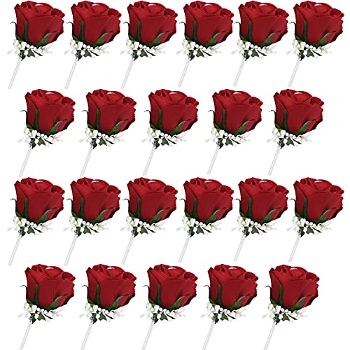 22 Pack Wedding Boutonniere Set Red Rose Silk Groom Flower Boutonniere for Men Wedding Prom Party Man Suit Decoration