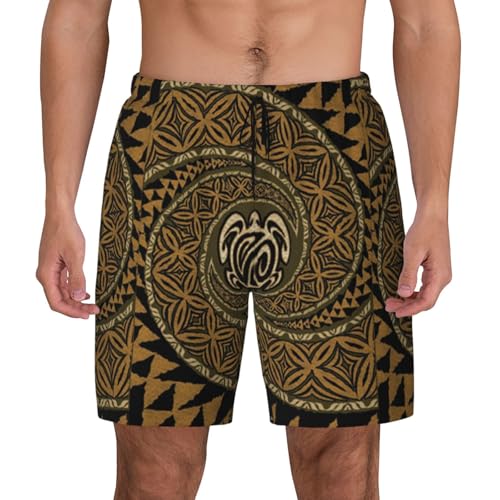 Hawaiian Tapa Honu Turtle Print Men'S Bwim Trunks Beach Shorts with Compression Liner, Anti-Chafe, Quick Dry