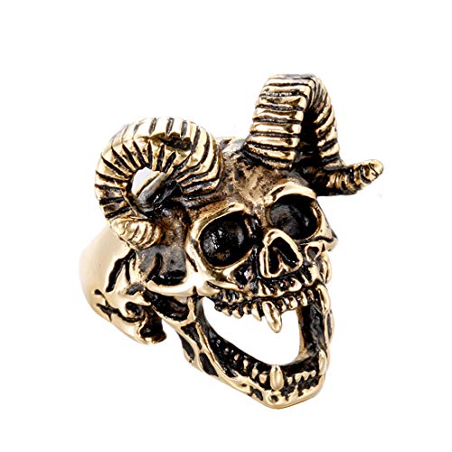 PAURO Men's Stainless Steel Vintage Skull Goat Horn Ring Gold Size 8