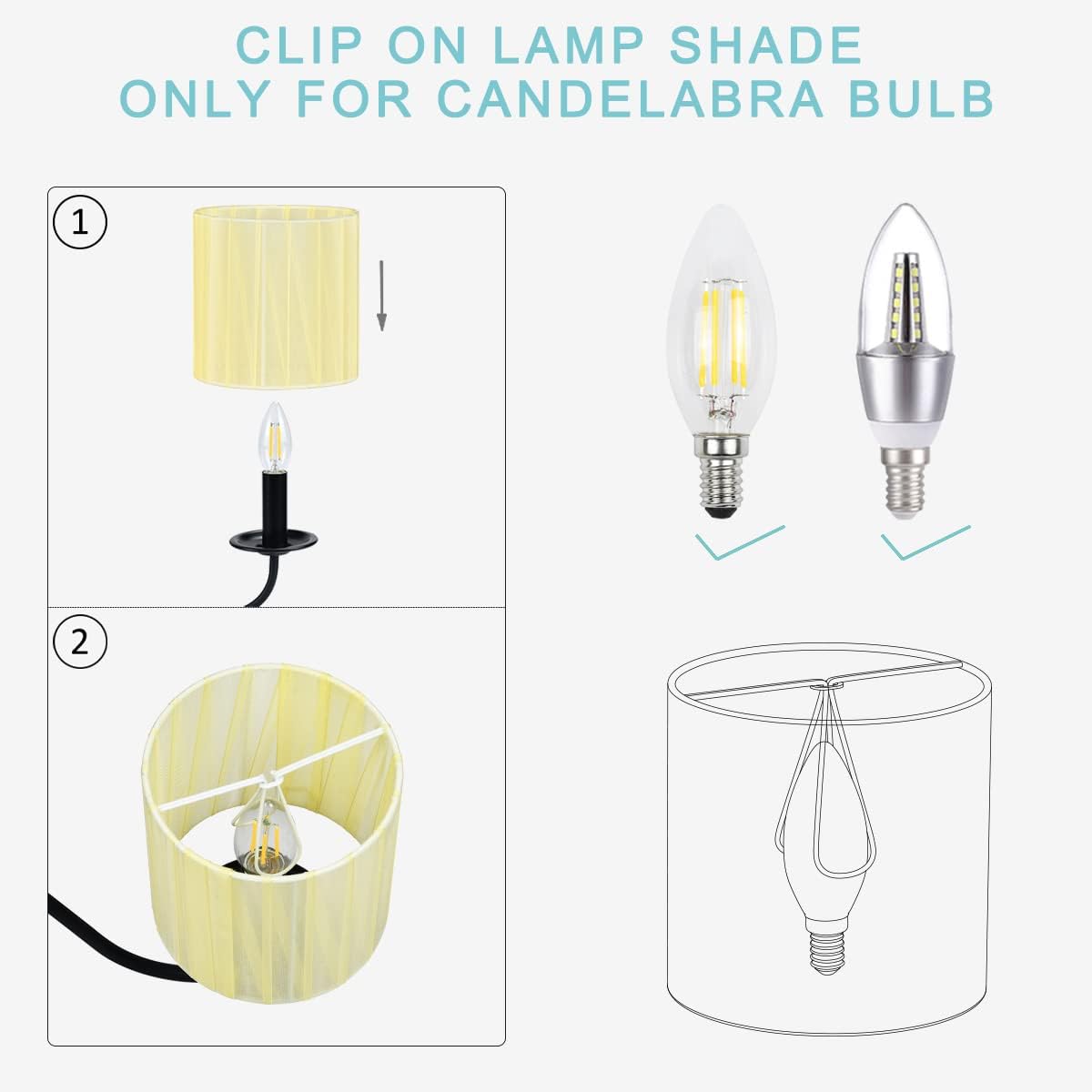 LAMPWELL LYON Clip-on Chandelier Organza Fabric Lamp Shades,Set of 6,Small Drum,5.2"×5.2"×H5.2", Organzy Ribbon, Handmade,Modern Trendy Decorative,ONLY FOR CANDLE BULB,Cream