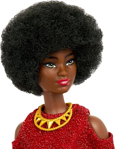 Image of Barbie Fashionistas Doll #221 with Natural Black Hair Wearing Removable Red Dress & Accessories, 65th Anniversary Collectible Toy