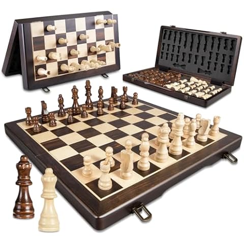 ELONGDI Magnetic Wooden Chess Set,15" Folding Chess Board with Wood Texture 2 Extra Queens - Handmade Pieces Travel Board Games for Kids and Adults Cover