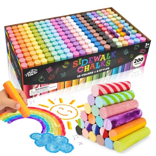 200PCS Sidewalk Chalks for Kids 6 Styles in 15 Colors Jumbo Chalk Bulk